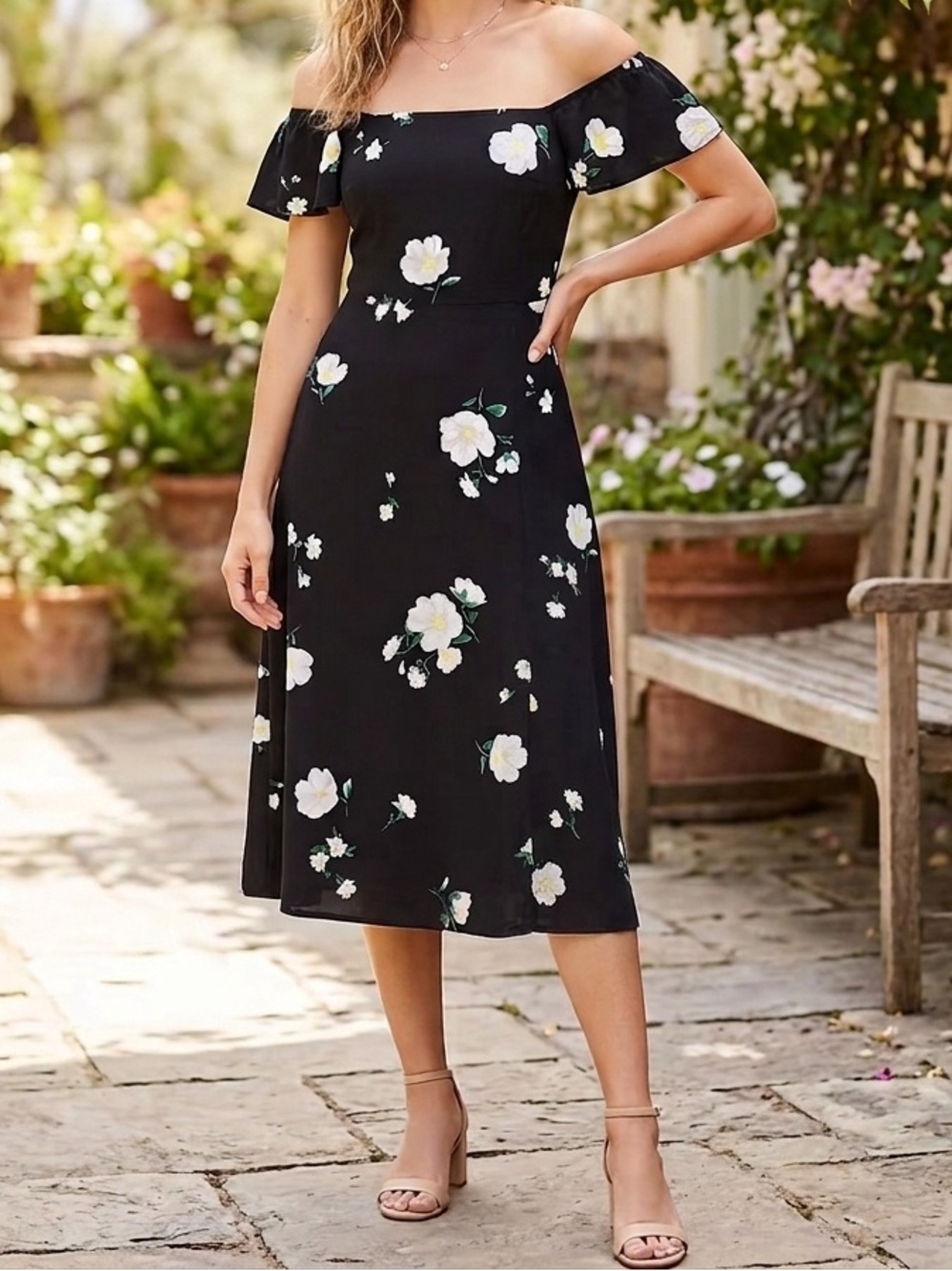 LOFT Black and White Midi Dress with Classic Style